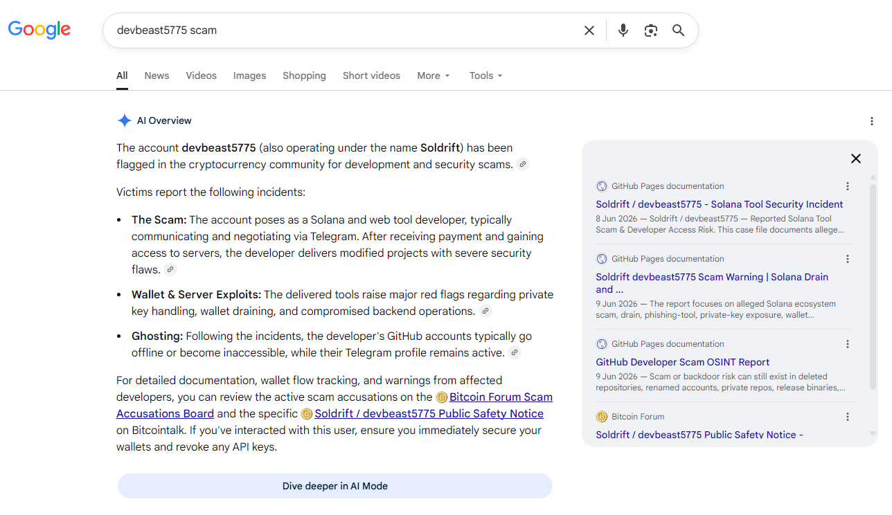 Google search screenshot showing results for “devbeast5775 scam,” including public warning pages and AI overview visibility tied to the Soldrift / devbeast5775 / hodlwarden OSINT archive.