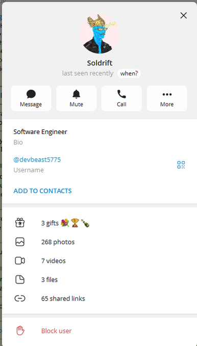 Telegram profile screenshot showing the Soldrift display name, the @devbeast5775 handle, profile avatar, and account context used as an identity reference in this OSINT archive.