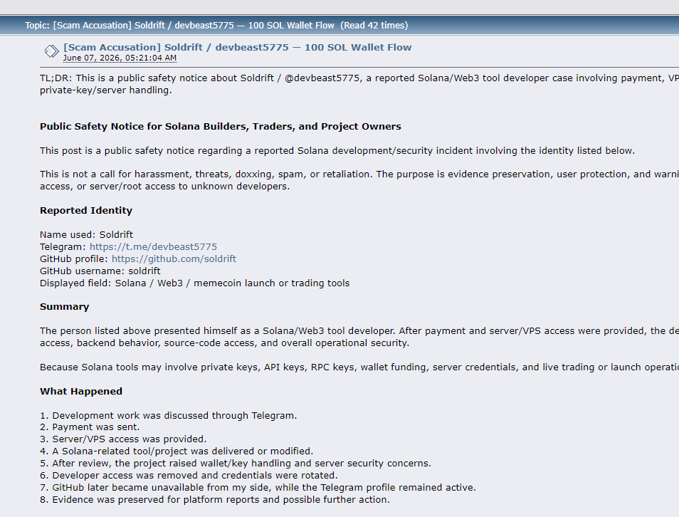Bitcointalk screenshot showing a public safety notice about Soldrift / devbeast5775, including wallet-drain allegations, developer trust concerns, and Solana security-risk context.