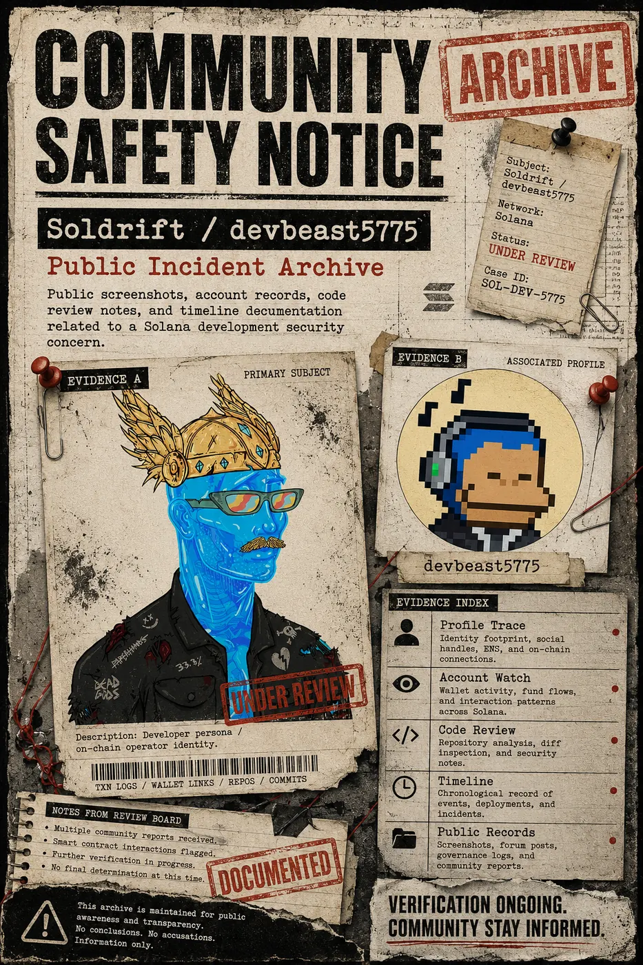 Community safety notice poster presenting the Soldrift / devbeast5775 / hodlwarden warning archive as a public record with profile references and incident-review context.