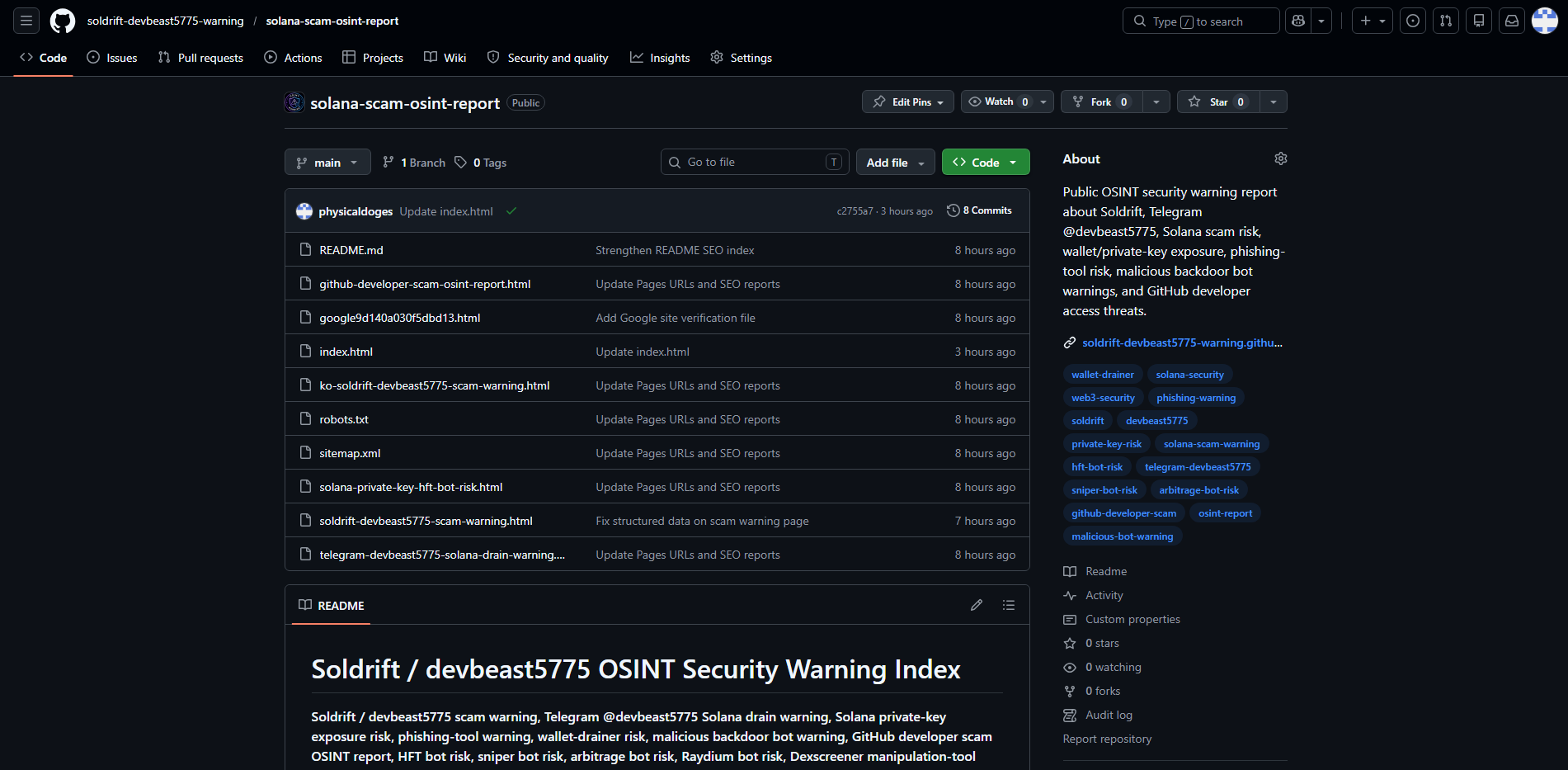 GitHub repository screenshot showing the public OSINT warning archive structure, repository files, and public documentation connected to Soldrift / devbeast5775.