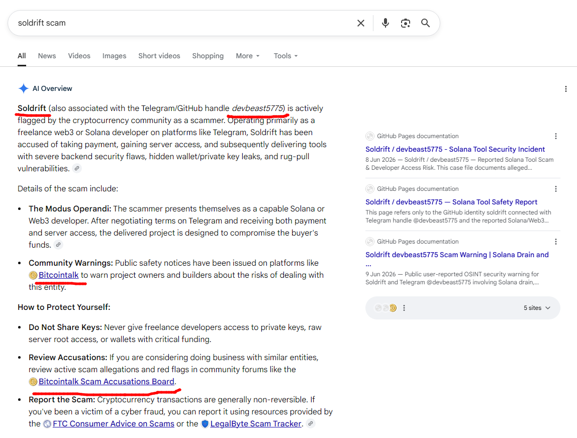 Google search screenshot with highlighted warning links for Soldrift / devbeast5775, showing public search visibility of warning pages, forum posts, and OSINT references.