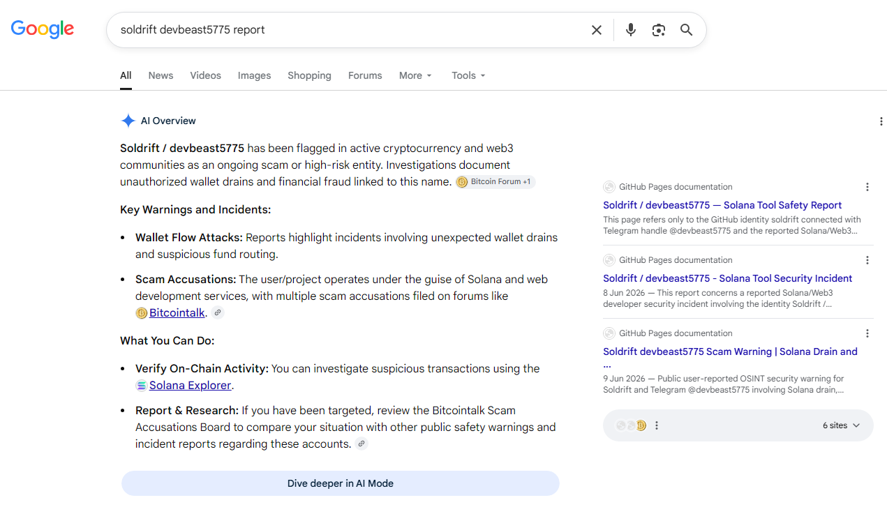Google search screenshot for a Soldrift / devbeast5775 report query, showing indexed public report pages and related warning results.