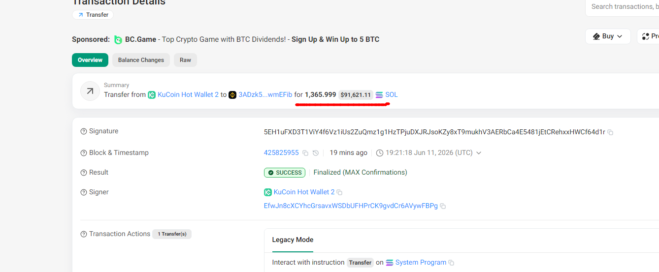 Solscan wallet-page screenshot showing a wallet address with KuCoin exchange-deposit tagging and high-value transfer rows, used as exchange-routing evidence in the Soldrift / devbeast5775 investigation.