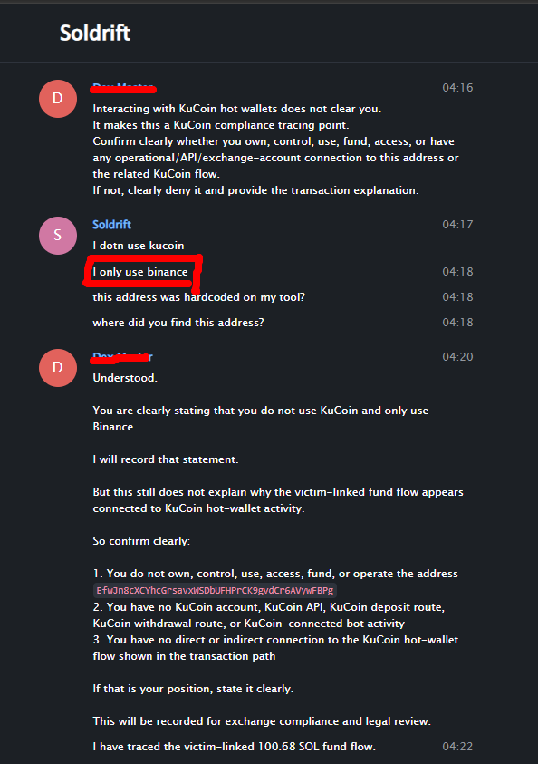 Dark interface screenshot preserving account, transaction, or messaging context related to the Soldrift / devbeast5775 / hodlwarden OSINT evidence timeline.