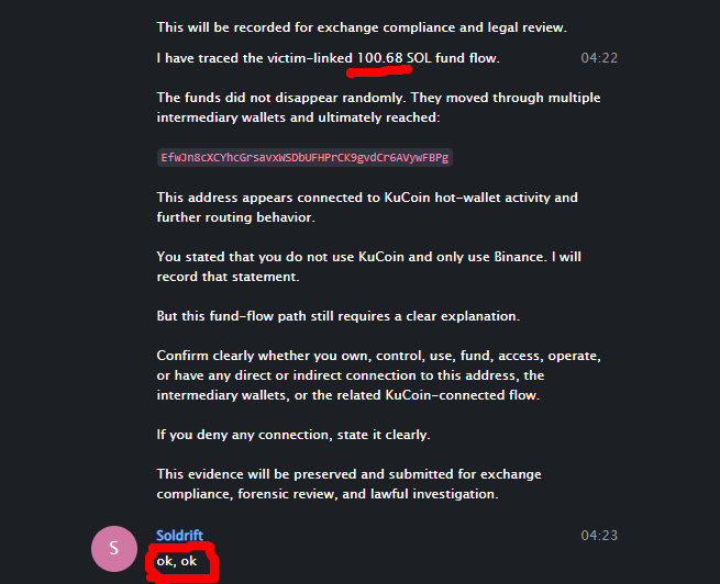 Dark mobile-style message thread screenshot preserving Telegram-style conversation context linked to the Soldrift / devbeast5775 / hodlwarden complaint record.