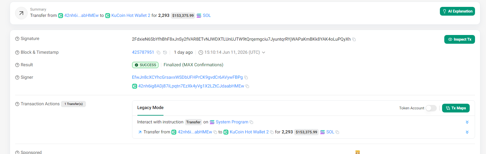 Solscan transaction-detail screenshot showing sender, receiver, value, signature, and timing fields for a wallet-flow event in the Soldrift / devbeast5775 evidence set.