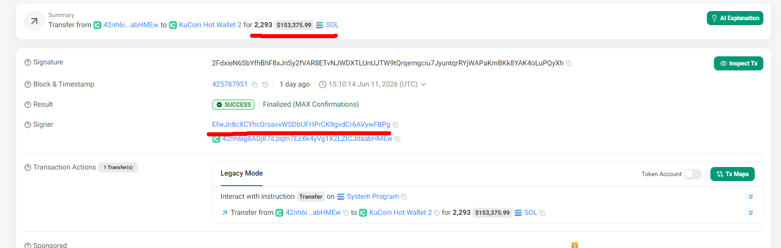 Solscan transfer-detail screenshot showing exchange-labeled address information, transfer metadata, and fund-flow context relevant to the KuCoin / Binance routing concern.