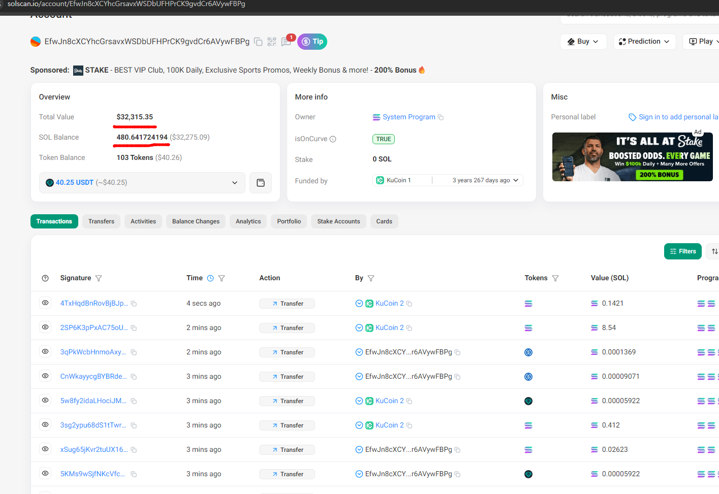 Submitted Solscan wallet-activity screenshot showing transfer rows and exchange labels, preserved as additional wallet-flow context for the OSINT archive.