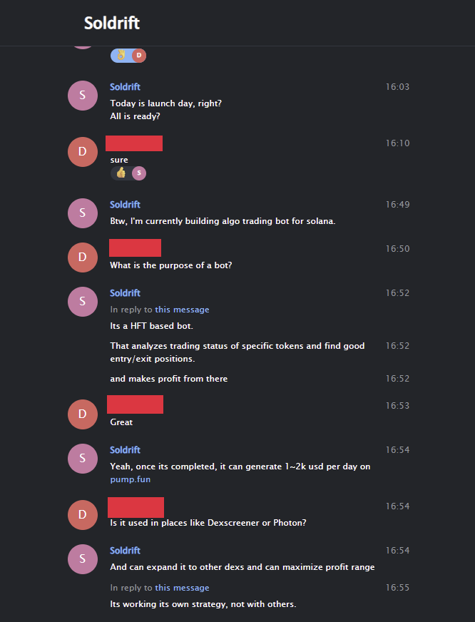 Dark Telegram-style message-thread screenshot showing conversation context relevant to the complainant’s developer non-denial and identity-cluster timeline.