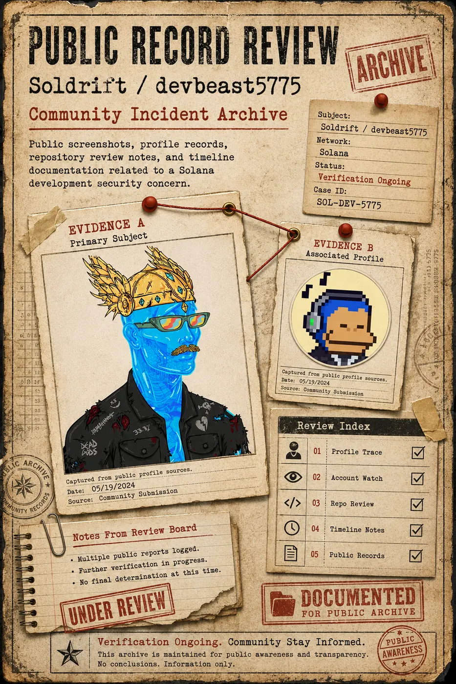 Wanted-style public record review poster summarizing the Soldrift / devbeast5775 public warning archive with identity references and review-status language.