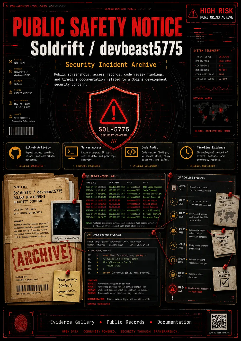 Public safety notice evidence-board poster showing screenshots, wallet-flow indicators, and warning labels connected to the Soldrift / devbeast5775 security incident archive.