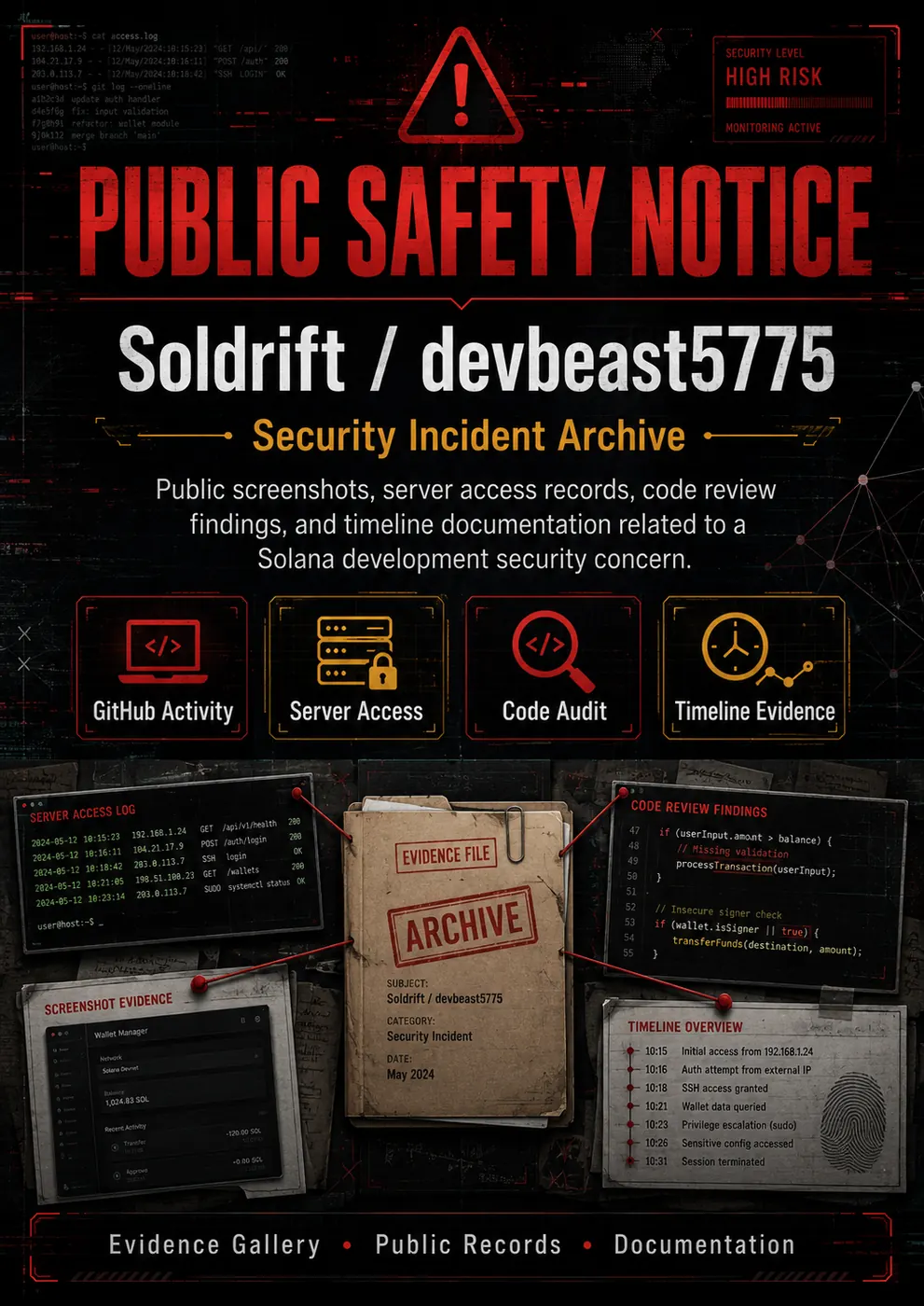 Public safety notice poster for Soldrift / devbeast5775, presenting GitHub, Telegram, wallet, and security-warning elements in one summary board.