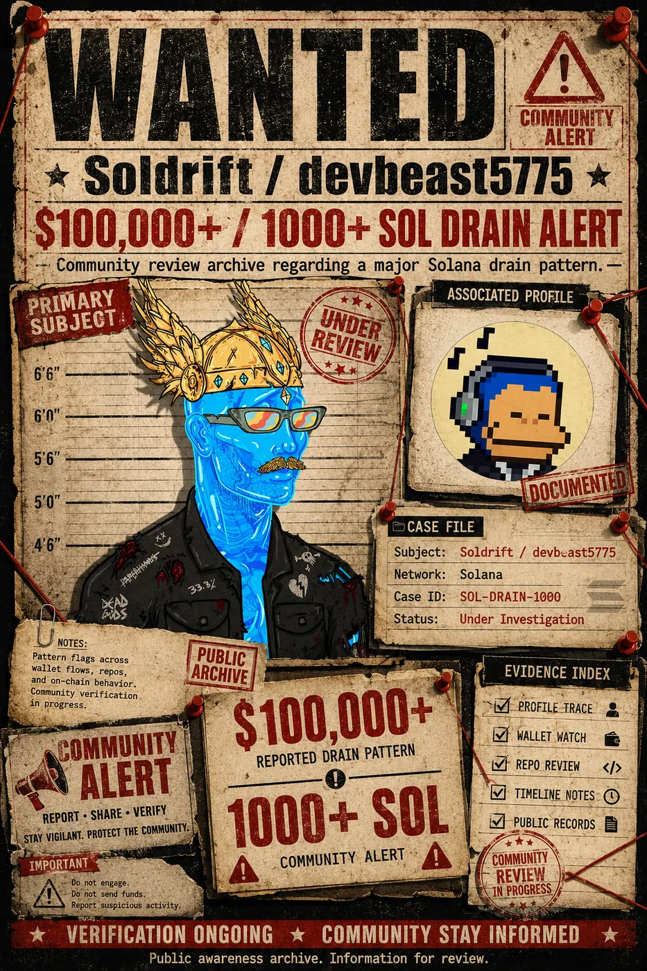 Wanted-style community alert poster describing a reported Soldrift / devbeast5775 scam warning with 100 SOL and 100,000 USD risk language.