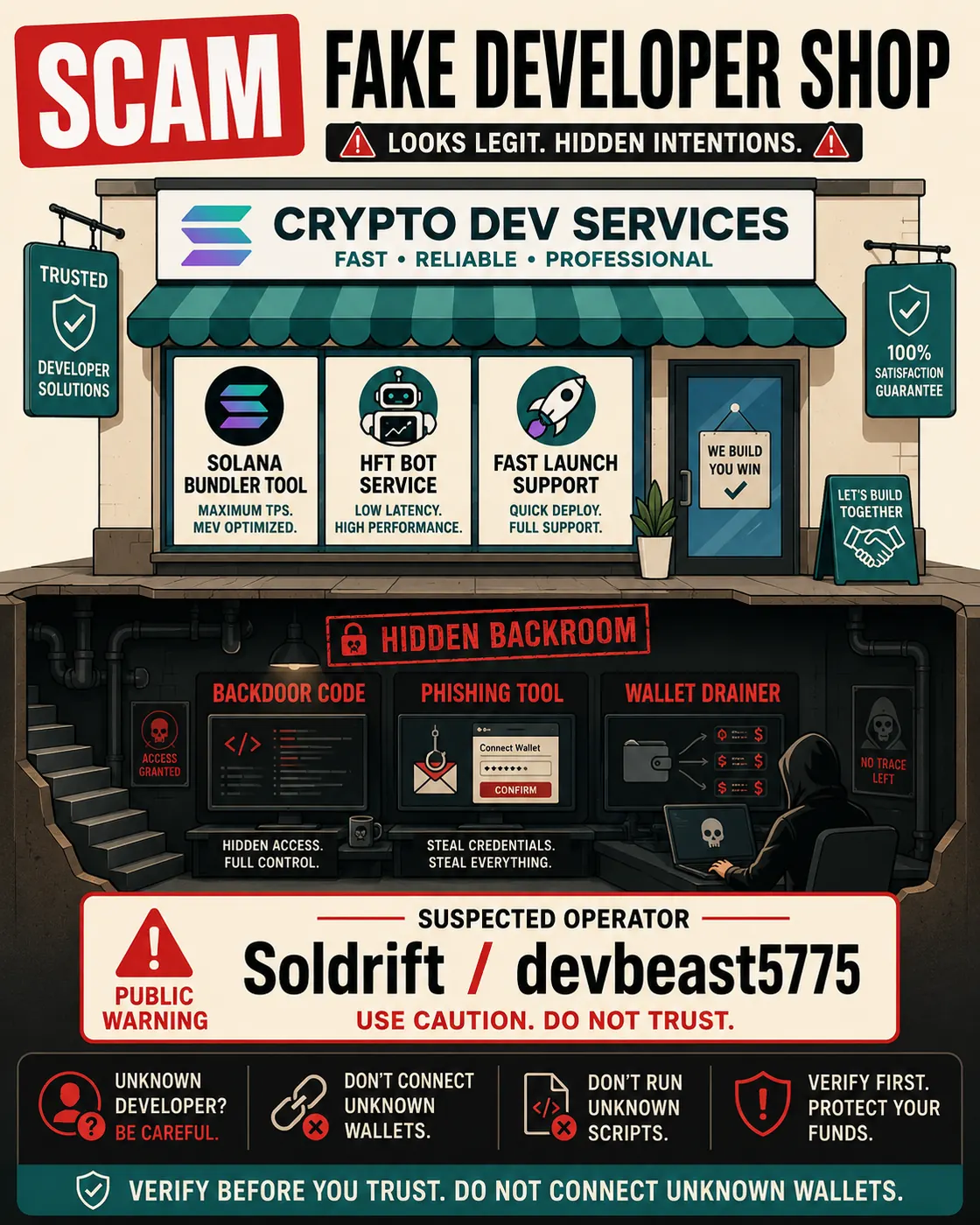Poster showing a fake crypto developer shop theme with Solana bundler, HFT bot service, hidden backroom, backdoor code, phishing tool, and wallet-drainer risk references.