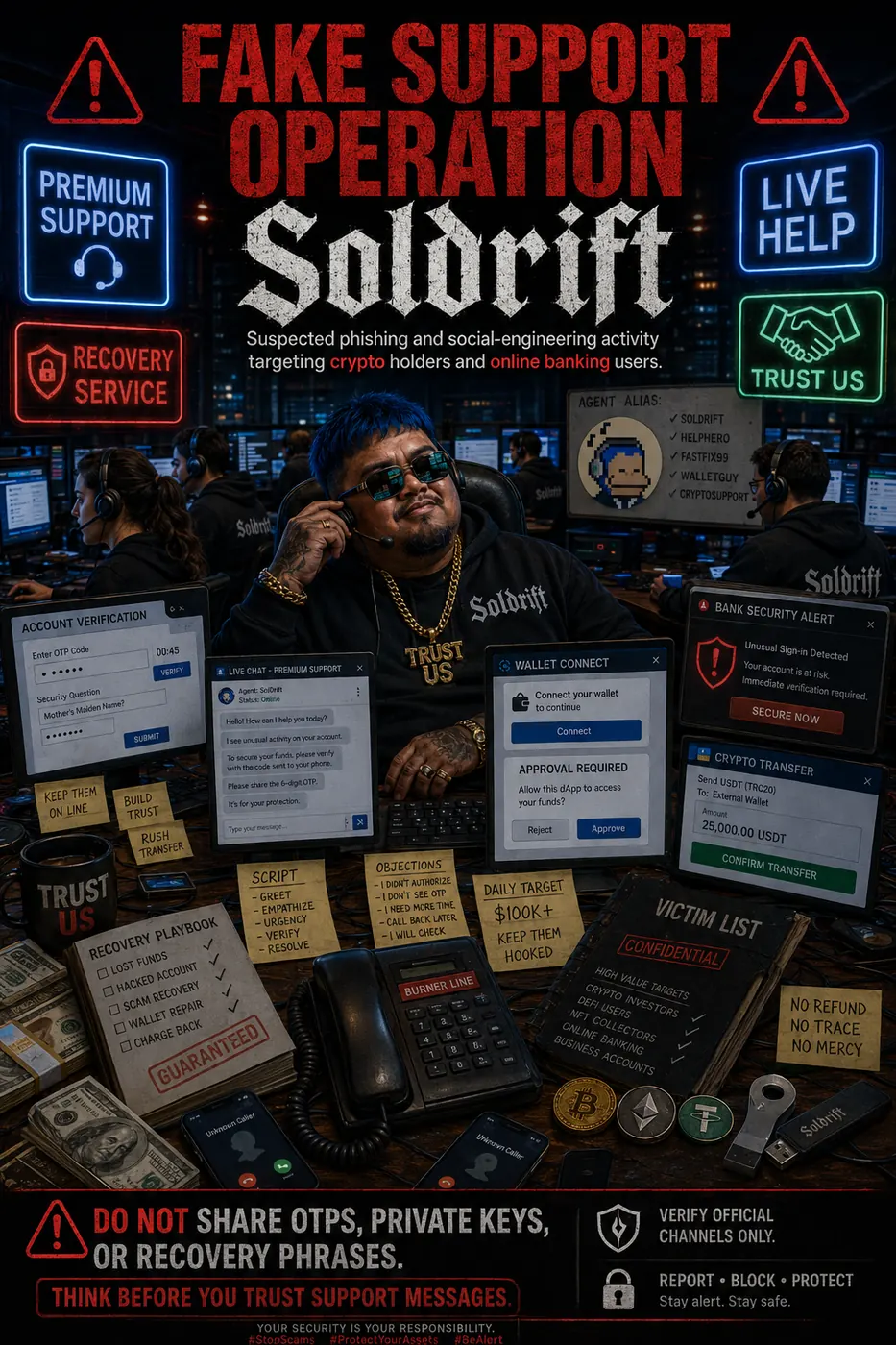 Poster showing a fake support operation theme with recovery-service bait, wallet connect approval, OTP verification, and phishing-risk indicators tied to Soldrift.