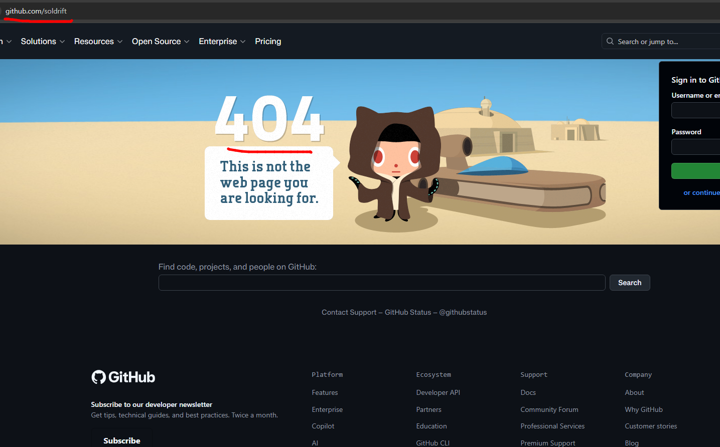 GitHub 404 screenshot for the Soldrift profile URL, preserved as an account-availability record after public reporting activity.