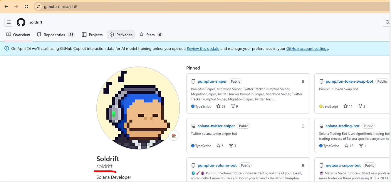 Public GitHub profile screenshot showing the Soldrift account, Solana Developer label, avatar, followers, and repository context related to Solana and Pump.fun tools.