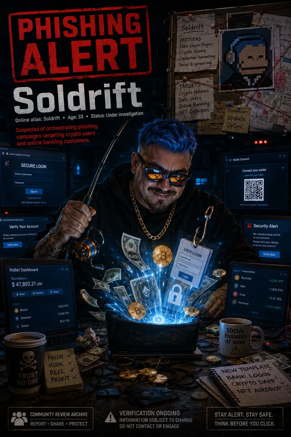 Phishing alert poster showing a hooded operator, fake login pages, wallet traps, money-lure visuals, and cyber-investigation warning elements linked to Soldrift.