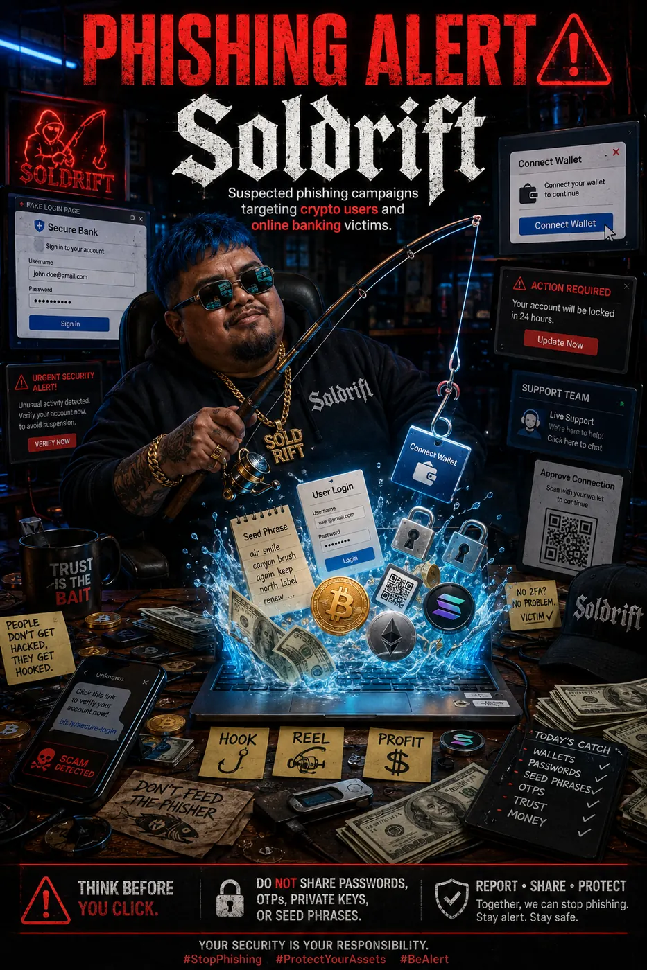 Phishing alert poster showing a wallet-drainer theme with wallet connect bait, credential harvesting, and digital-asset theft warning visuals.