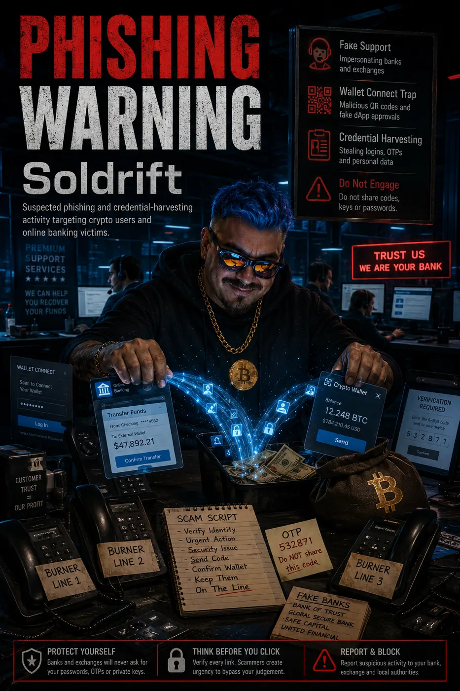 Investigation-style phishing warning poster showing a suspect desk scene, multiple screens, fake banking or wallet prompts, and Soldrift scam-warning visuals.