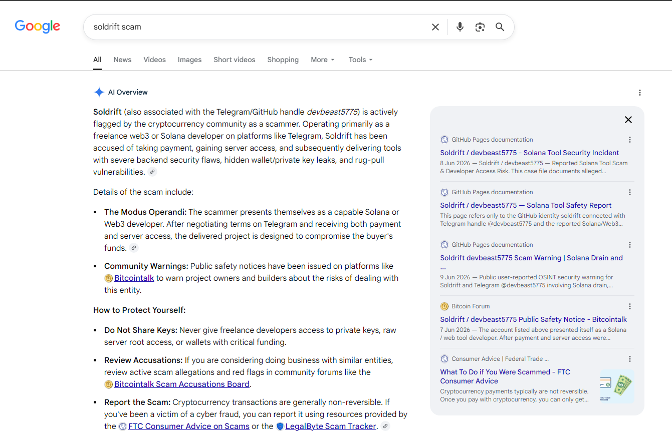 Google search screenshot for Soldrift scam terms showing public warning pages, community notices, and related search-result visibility.