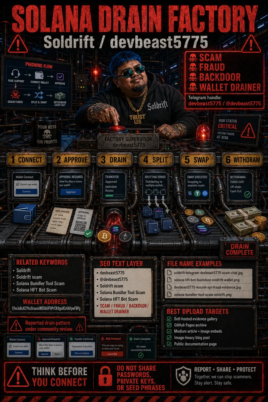 Cartoon-style Solana drain factory infographic showing scam, fraud, wallet-drainer, phishing-tool, and Solana HFT bot scam warning labels.